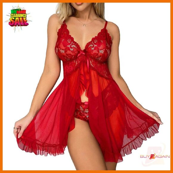 Other - Sexy Lace Babydoll Chemise with Thong - Polyester Mesh Nightgown